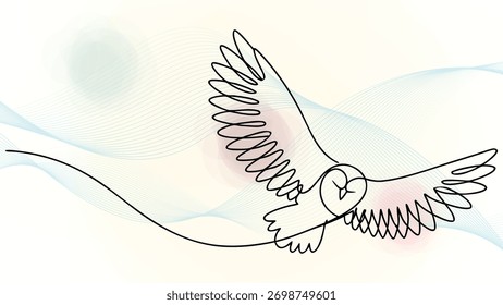One line drawing a flying owl with abstract wavy elegant continuous soft splashes bird