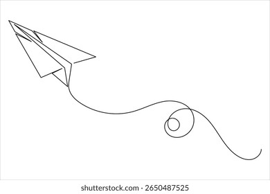 One line drawing of flying paper plane illustration on clean white background in minimal style