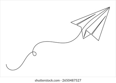 One line drawing of flying paper plane illustration on clean white background in minimal style