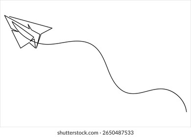 One line drawing of flying paper plane illustration on clean white background in minimal style