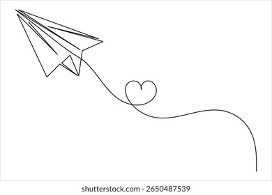 One line drawing of flying paper plane illustration on clean white background in minimal style