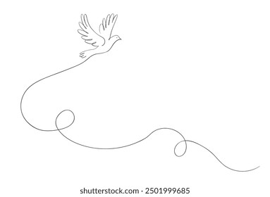 One line drawing of flying pigeon or dove. Symbol of peace and freedom. International peace day concept. Simple linear vector illustration.