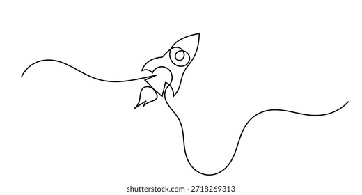 one line drawing flying rocket spaceship vector illustration template design, One continuous line drawing. Continuous Line Drawing of Spaceship Icon. Hand Drawn Symbol Vector Illustration.