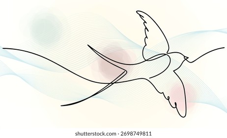 Una línea que dibuja una golondrina voladora con salpicaduras suaves continuas elegantes onduladas abstractas