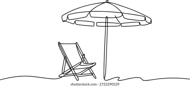 Einzeilige Zeichnung eines zusammenklappbaren Strandstuhls neben einem großen Sonnenschirm. Einfache Vektorgrafik des Sommererholungsorts. Kontinuierliche Linienkunst, die Freizeit und tropische Strandeinrichtung darstellt. Handgezeichnete Skizze geeignet für Resort-Werbung. Minimalistisches künstlerisches Design, das Komfort und Reisen im Freien veranschaulicht.