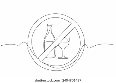 One line drawing of forbidden alcohol bottle and glass. Stop drinking liquor campaign. Urging people to healthy lifestyle with no beer. Dry January