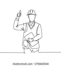One line drawing of foreman handyman wearing helmet and carrying clipboard giving thumbs up gesture. Home maintenance service concept. Continuous line draw design vector graphic illustration