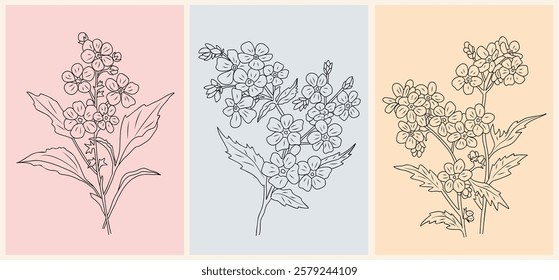 One Line Drawing Forget me Not Flowers Print Set. Myosotis flowers outline vector sketch on danish pastel backgrounds