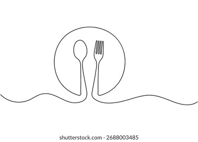 Un dibujo de línea de la cuchara del cuchillo del tenedor contorno mínimo diseño de Vector aislado
