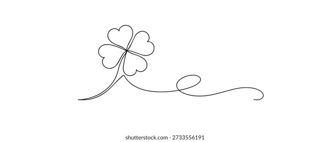 One line drawing of a four leaf clover with flowing stem. Hand drawn continuous line symbolizing luck, hope, nature, positivity, and simple happiness.
