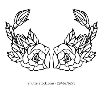 One line drawing. Frame of garden rose with stem and leaves. Hand drawn sketch. Vector illustration.