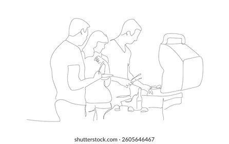 One line drawing friends frying meat on the grill turning the pieces with kitchen tongs. Barbecue concept, street food summer outdoor recreation.  Hand made vector not Al