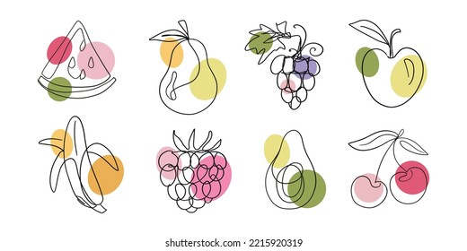 One Line Drawing Fruits Set. Outline Cherry, Avocado, Olives, Pear, Apple Design Elements. Hand Drawn Continuous Art Trendy Simple Icons. Vector illustration fruit shapes, isolated on white background