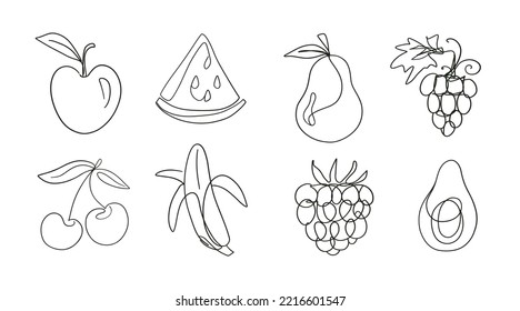 One Line Drawing Fruits Set. Outline Cherry, Avocado, Olives, Pear, Apple Design Elements. Hand Drawn Continuous Art Simple Icons. Vector illustration fruit shapes, isolated on white background. 