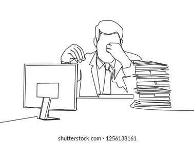 One line drawing of frustrated young businessman to his stack works. Continuous line drawing of frustration and stressful worker concept. Vector illustration design