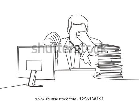 One line drawing of frustrated young businessman to his stack works. Continuous line drawing of frustration and stressful worker concept. Vector illustration design