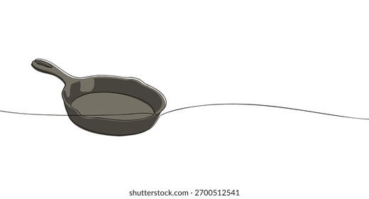 Um desenho de linha de uma panela de ato de fritar isolada no fundo branco. Ilustração de linha contínua mínima de utensílio de cozinha para cozinhar, fritar, restaurante e design de alimentos.