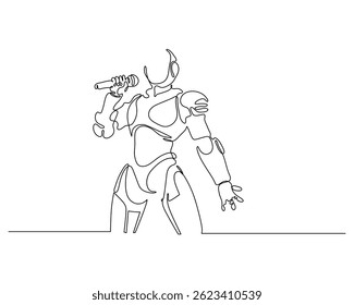 One line drawing of a futuristic robot dynamically singing into a microphone. Minimalist concept of technology, music, and modern digital art in performance.