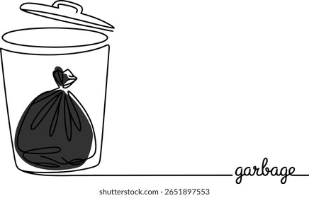 Desenho de uma linha de lixeira com saco de lixo preto, arte de linha contínua minimalista do gerenciamento de resíduos