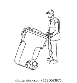 One Line Drawing of Garbage Worker with Wheeled Trash Can, janitor vector illustration