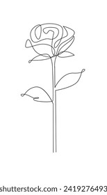 One line drawing. Garden rose with leaves. Hand drawn sketch. template