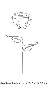 One line drawing. Garden rose with leaves. Hand drawn sketch. template