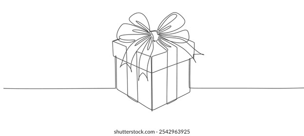 One line drawing of gift box. Wrapped surprise package for christmas or birthday party .Party and celebration. Gift box line art outline vector illustration