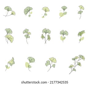 Dibujo de una línea de la ilustración del conjunto de vector de hoja de ginkgo. Arte de la línea acuarela y estilo boho.
