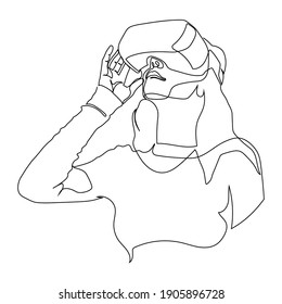 One line drawing of a girl feeling exited using Virtual Reality glasses and VR