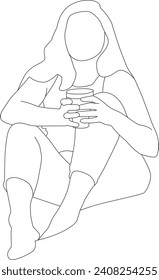 one line drawing girl hand holding coffee mug