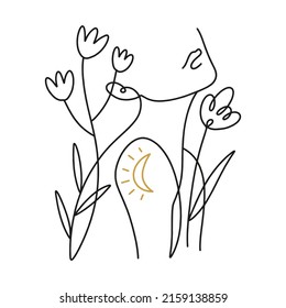 One line drawing girl linear logo or icon art boho sacred magic woman mystical symbol flat holistic healing meditation reiki new age esoteric concept modern abstract silhouette