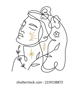 One line drawing girl linear logo or icon art boho sacred magic woman mystical symbol flat holistic healing meditation reiki new age esoteric concept modern abstract silhouette