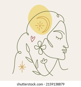 One line drawing girl linear logo or icon art boho sacred magic woman mystical symbol flat holistic healing meditation reiki new age esoteric concept modern abstract silhouette