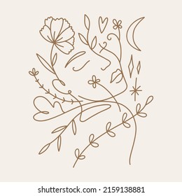 One line drawing girl linear logo or icon art boho sacred magic woman mystical symbol flat holistic healing meditation reiki new age esoteric concept modern abstract silhouette