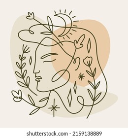 One line drawing girl linear logo or icon art boho sacred magic woman mystical symbol flat holistic healing meditation reiki new age esoteric concept modern abstract silhouette