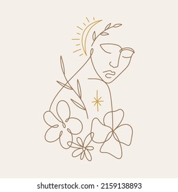 One line drawing girl linear logo or icon art boho sacred magic woman mystical symbol flat holistic healing meditation reiki new age esoteric concept modern abstract silhouette