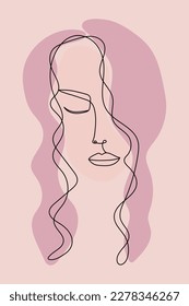 One line drawing. Girl with long lilac hair ha light background. Design for poster, postcards.