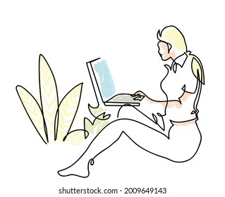 One line drawing of  girl takes advantage of online.
One continuous line drawing of woman with laptop in park order item.
