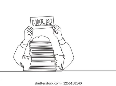One line drawing of give up young male worker to finish his work and ask for help on board. Continuous line drawing of frustration and depression concept. Vector illustration design