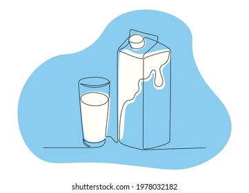 One line drawing of glass of milk and milk package. Mono line milk in carton box, organic food concept. Vector graphic illustration
