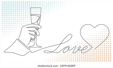 One line drawing of glasses with champagne and heart.Hand cheering with glasses of champagne. Vector illustration.Merry Christmas, Happy New Year, Concept