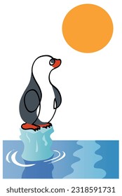One line drawing of Global warming.
One continuous line drawing of sad penguin on melting cracked ice with  sun.