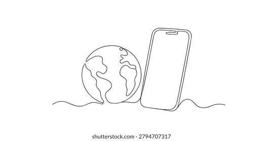 One line drawing of globe and smartphone. Continuous line of global communication and mobile connectivity. Digital world concept. single line art vector illustration.