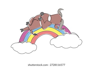 Eine Linie Zeichnung von anmutig bezaubernden Büffel schlafen Rückenlehne auf einem Regenbogen mit Wolken, robusten Körper und gekrümmten Hörnern in ruhiger, niedlicher Pose. Ideal für Safari-Branding, Tierwelt-Sets und Kinderplakate
