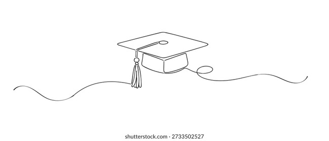 Dibujo de una línea de un gorro de graduación que representa el logro académico, el éxito educativo y la celebración de un hito.
Línea continua dibujada a mano que expresa el aprendizaje, la ceremonia de graduación y las aspiraciones futuras.