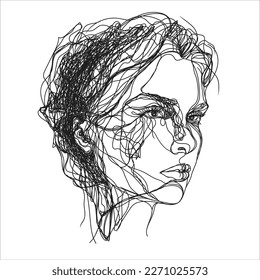 Dibujo de una línea. Retrato gráfico estilizado de una joven hermosa niña aislada en un fondo blanco.