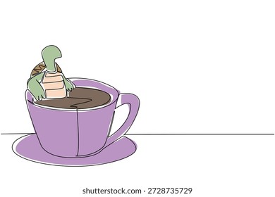 Un dibujo de línea de tortuga verde encantadora para el concepto de naturaleza presenta animales lindos empapados en taza de café. El arte colorido representa un tema del día internacional de la tortuga con un reptil juguetón