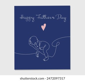 One line drawing greeting card for Happy Father Day. Vector illustration of father holding a new born baby in oneline style.	