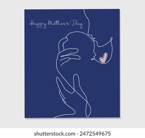 One line drawing greeting card for Happy Mother's Day. Vector illustration of mother holding a new born baby in oneline style.