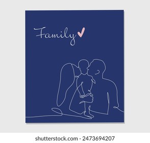 One line drawing greeting card with family portret. Vector illustration of mother  and father holding a child in oneline style.